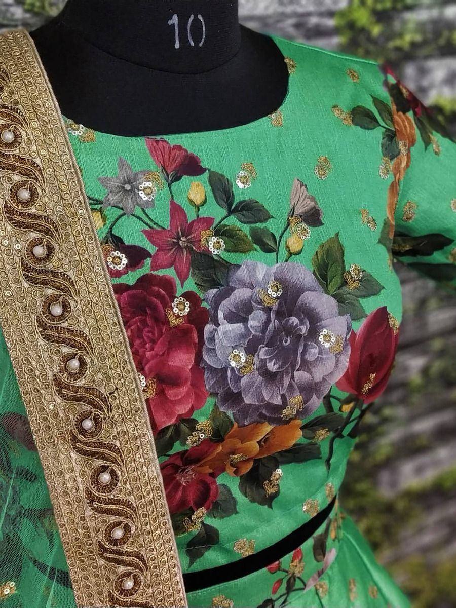 Tulsi Art Green Floral Digital Printed Art Silk Bridal Lehenga Choli | Grocsy