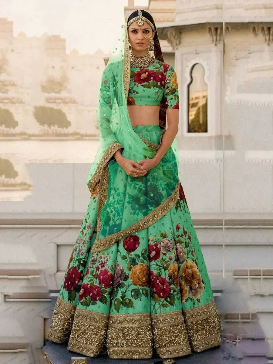 Tulsi Art Green Floral Digital Printed Art Silk Bridal Lehenga Choli | Grocsy