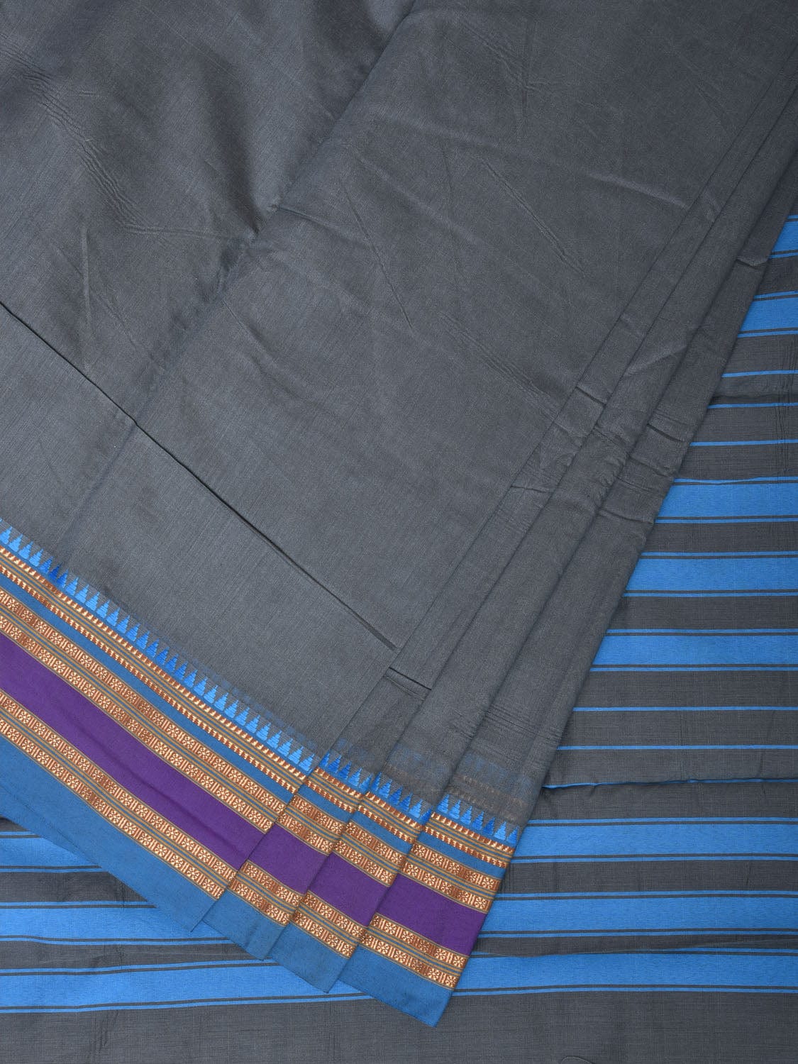 Grey and Blue Bamboo Cotton Plain Saree with Small Temple Border Design No Blouse - Global Threads | Grocsy