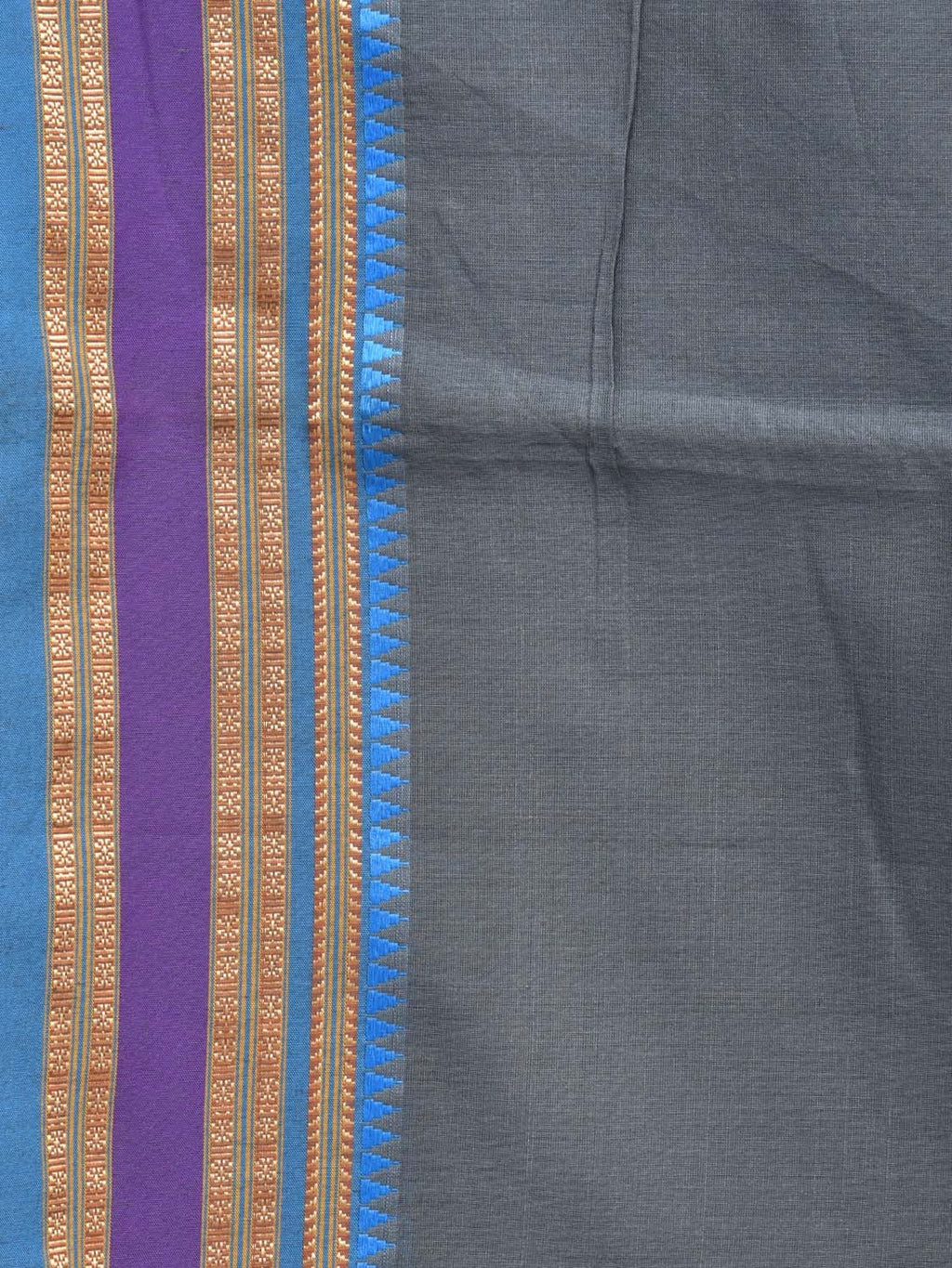 Grey and Blue Bamboo Cotton Plain Saree with Small Temple Border Design No Blouse - Global Threads | Grocsy