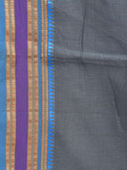 Grey and Blue Bamboo Cotton Plain Saree with Small Temple Border Design No Blouse - Global Threads | Grocsy