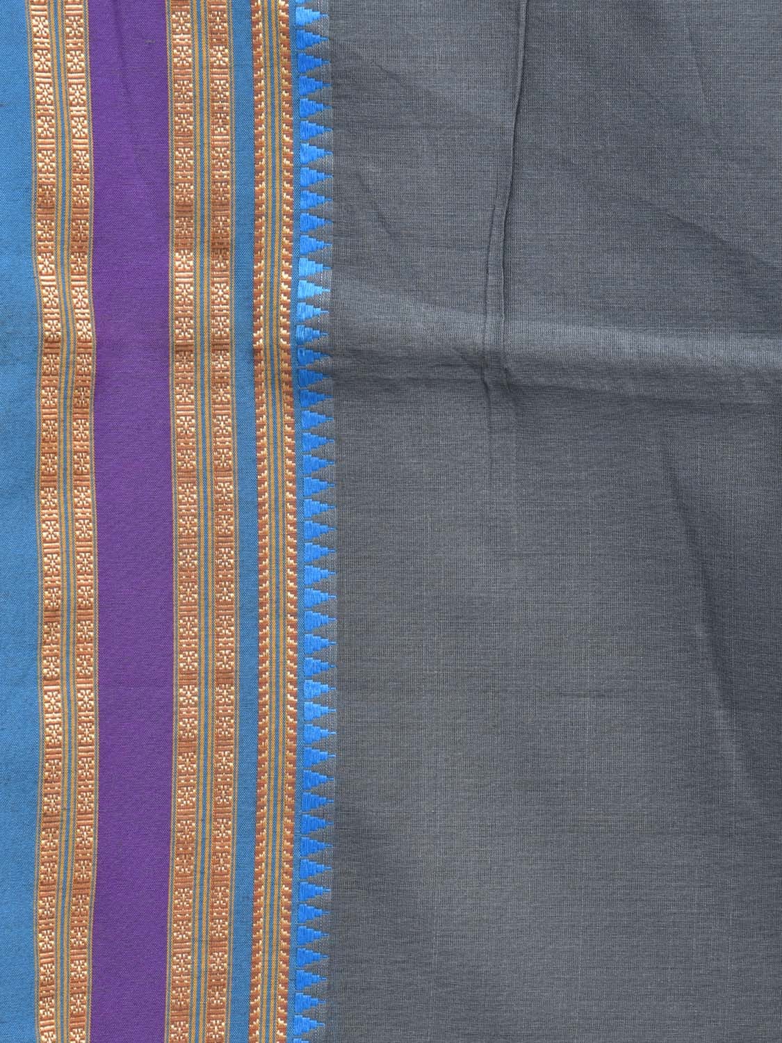 Grey and Blue Bamboo Cotton Plain Saree with Small Temple Border Design No Blouse - Global Threads | Grocsy