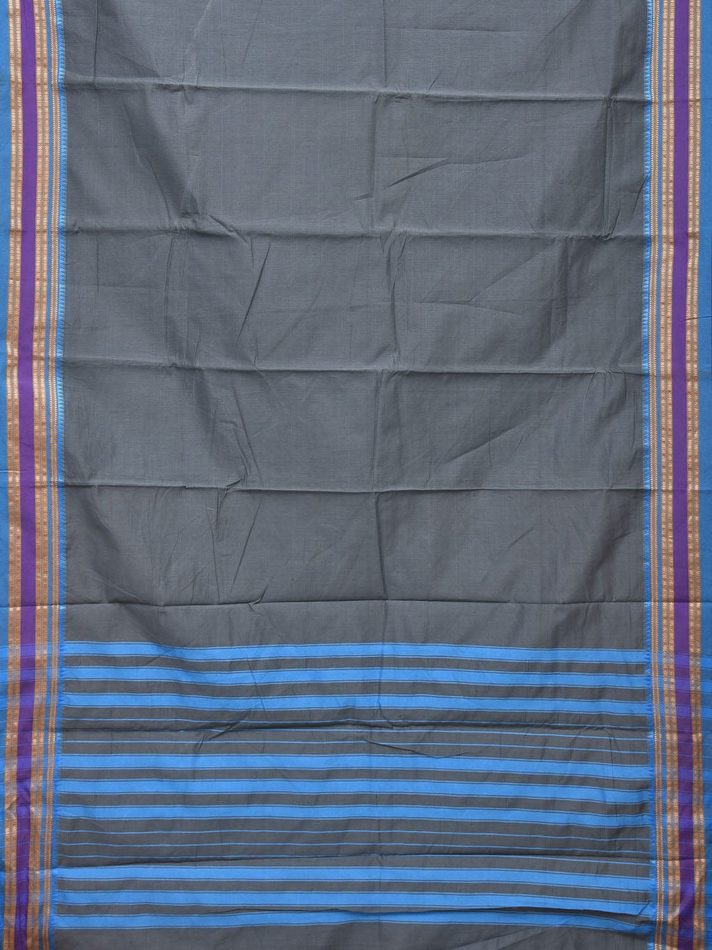 Grey and Blue Bamboo Cotton Plain Saree with Small Temple Border Design No Blouse - Global Threads | Grocsy