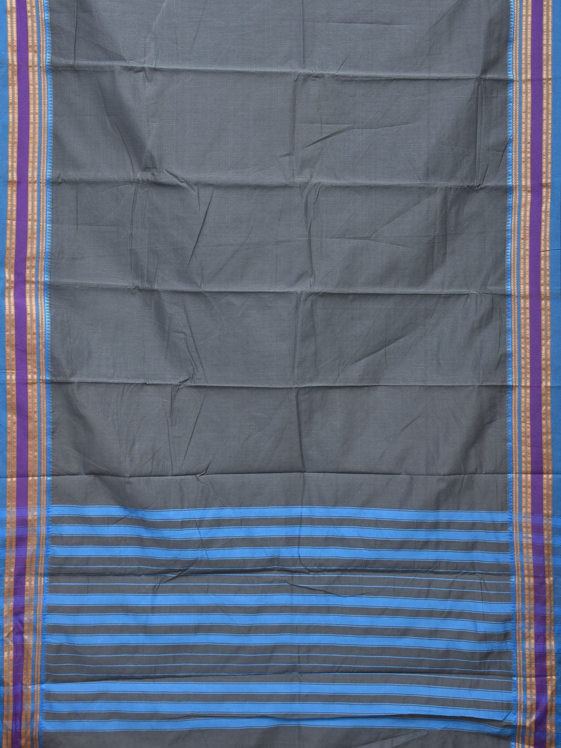 Grey and Blue Bamboo Cotton Plain Saree with Small Temple Border Design No Blouse - Global Threads | Grocsy