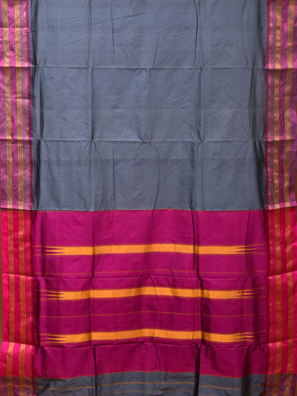 Grey and Pink Narayanpet Silk Handloom Plain Saree with Border Design No Blouse - Global Threads | Grocsy