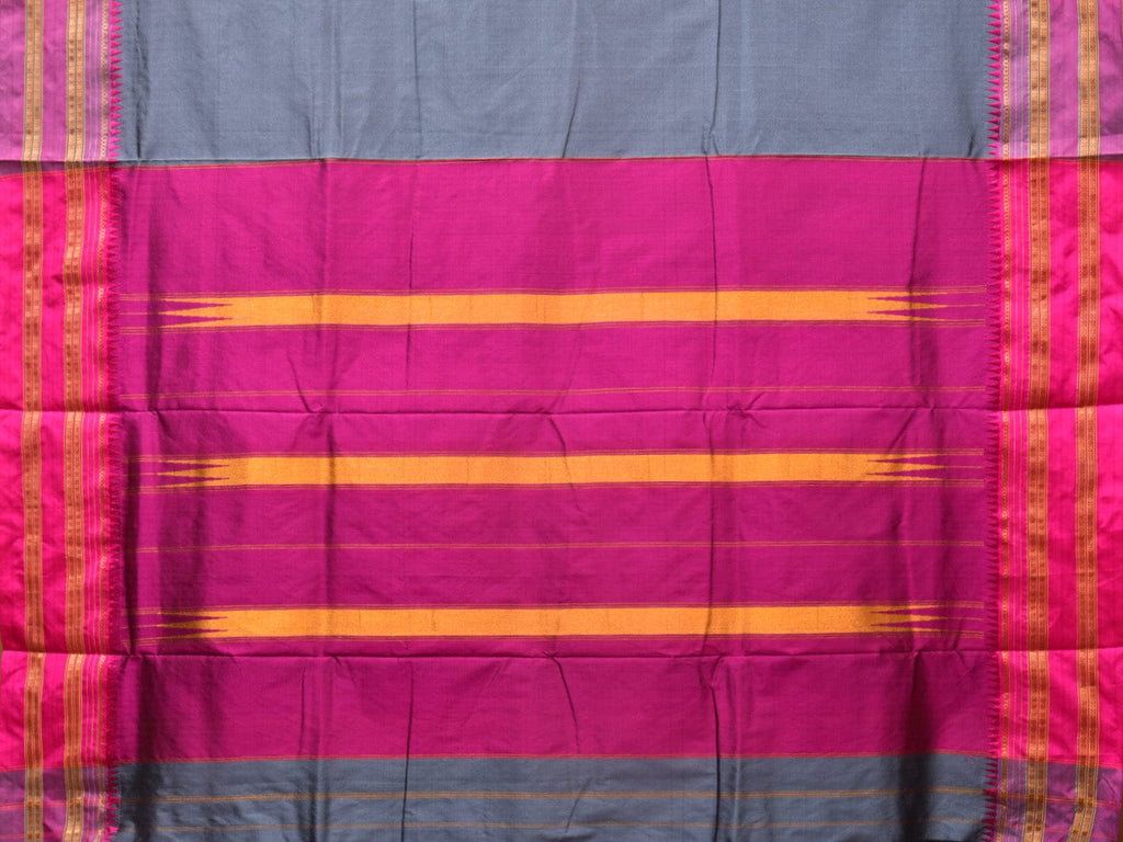 Grey and Pink Narayanpet Silk Handloom Plain Saree with Border Design No Blouse - Global Threads | Grocsy