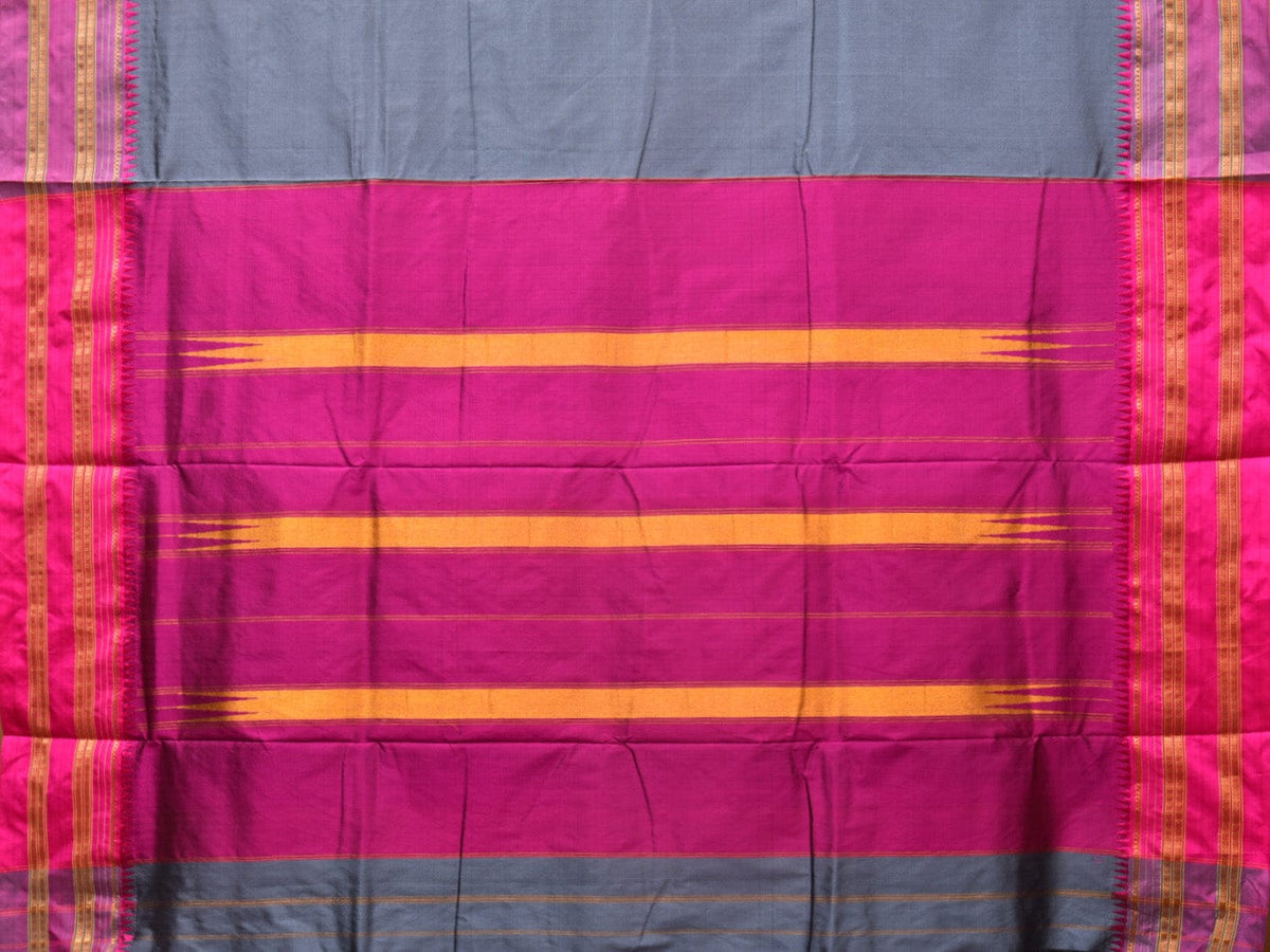 Grey and Pink Narayanpet Silk Handloom Plain Saree with Border Design No Blouse - Global Threads | Grocsy