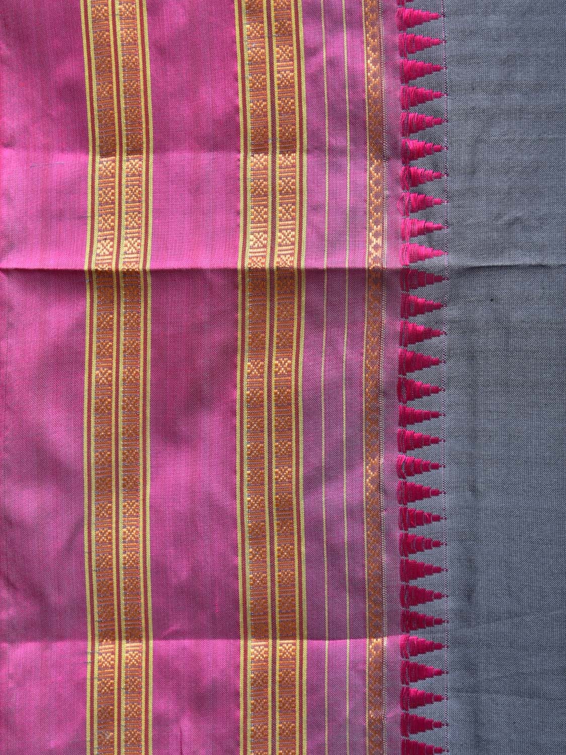 Grey and Pink Narayanpet Silk Handloom Plain Saree with Border Design No Blouse - Global Threads | Grocsy