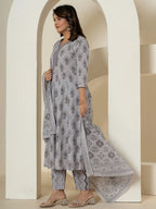 Yufta Grey Cotton Ethnic Motifs Kurta Dupatta Set | Grocsy