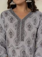 Yufta Grey Cotton Ethnic Motifs Kurta Dupatta Set | Grocsy