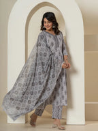 Yufta Grey Cotton Ethnic Motifs Kurta Dupatta Set | Grocsy