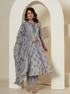 Yufta Grey Cotton Ethnic Motifs Kurta Dupatta Set | Grocsy