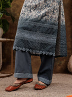 Yufta Grey Cotton Schiffli Kurta Dupatta Set With Lace Detailing | Grocsy