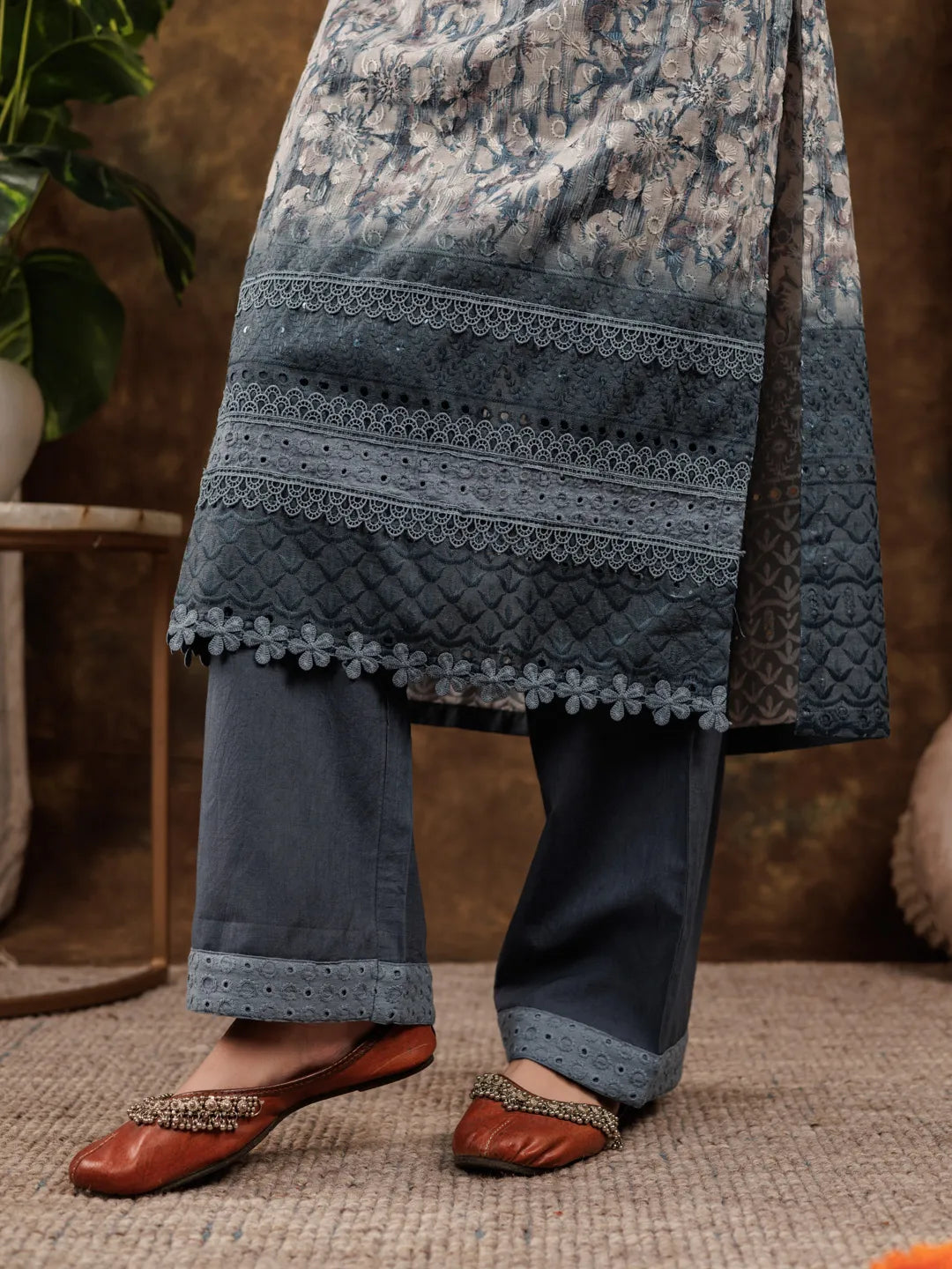 Yufta Grey Cotton Schiffli Kurta Dupatta Set With Lace Detailing | Grocsy