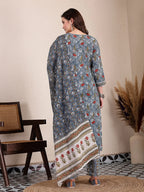 Yufta Grey Cotton Straight Kurta Dupatta Pant Set | Grocsy