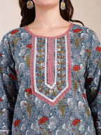 Yufta Grey Cotton Straight Kurta Dupatta Pant Set | Grocsy