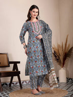 Yufta Grey Cotton Straight Kurta Dupatta Pant Set | Grocsy