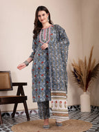 Yufta Grey Cotton Straight Kurta Dupatta Pant Set | Grocsy