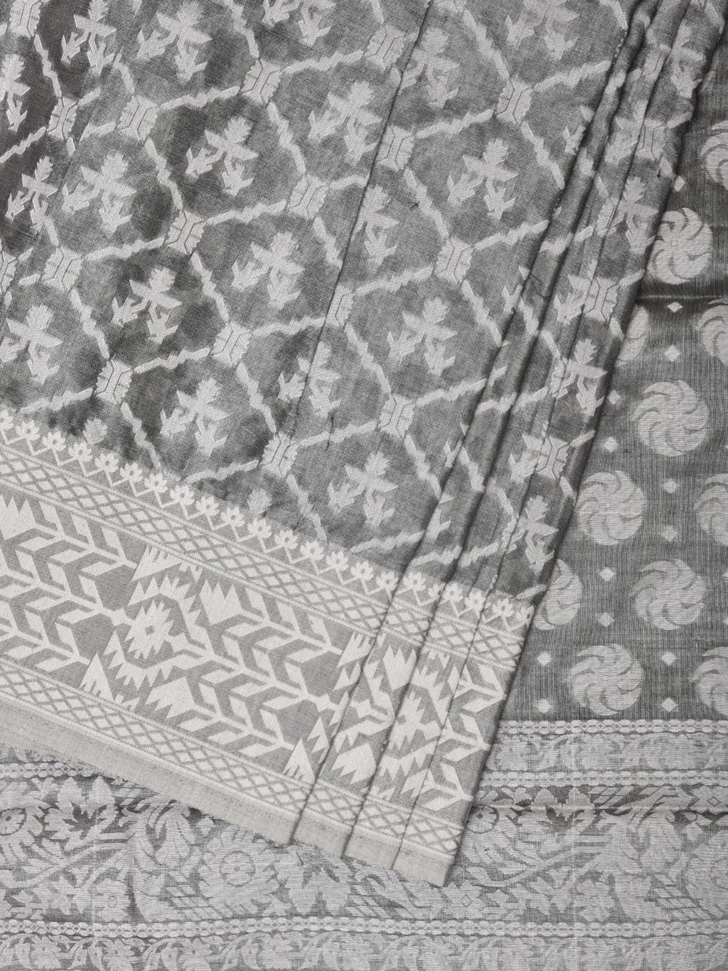 Grey Cut Work Tussar Cotton Saree with All Over Jamdani Style Design - Global Threads | Grocsy
