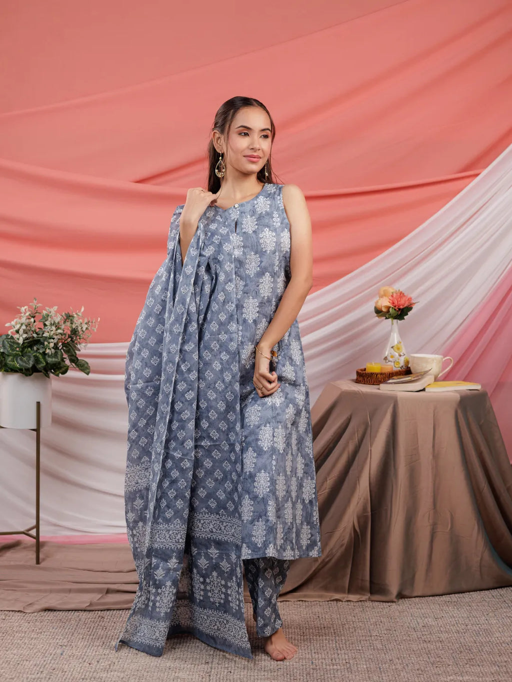 Yufta Grey Ethnic Motifs Cotton A-Line Kurta Trouser & Dupatta Set | Grocsy