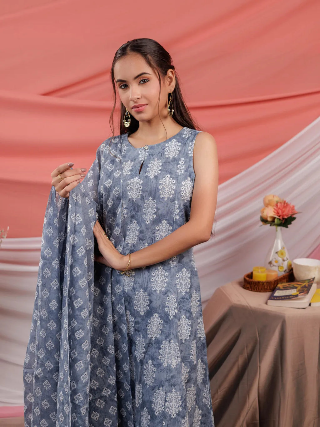 Yufta Grey Ethnic Motifs Cotton A-Line Kurta Trouser & Dupatta Set | Grocsy