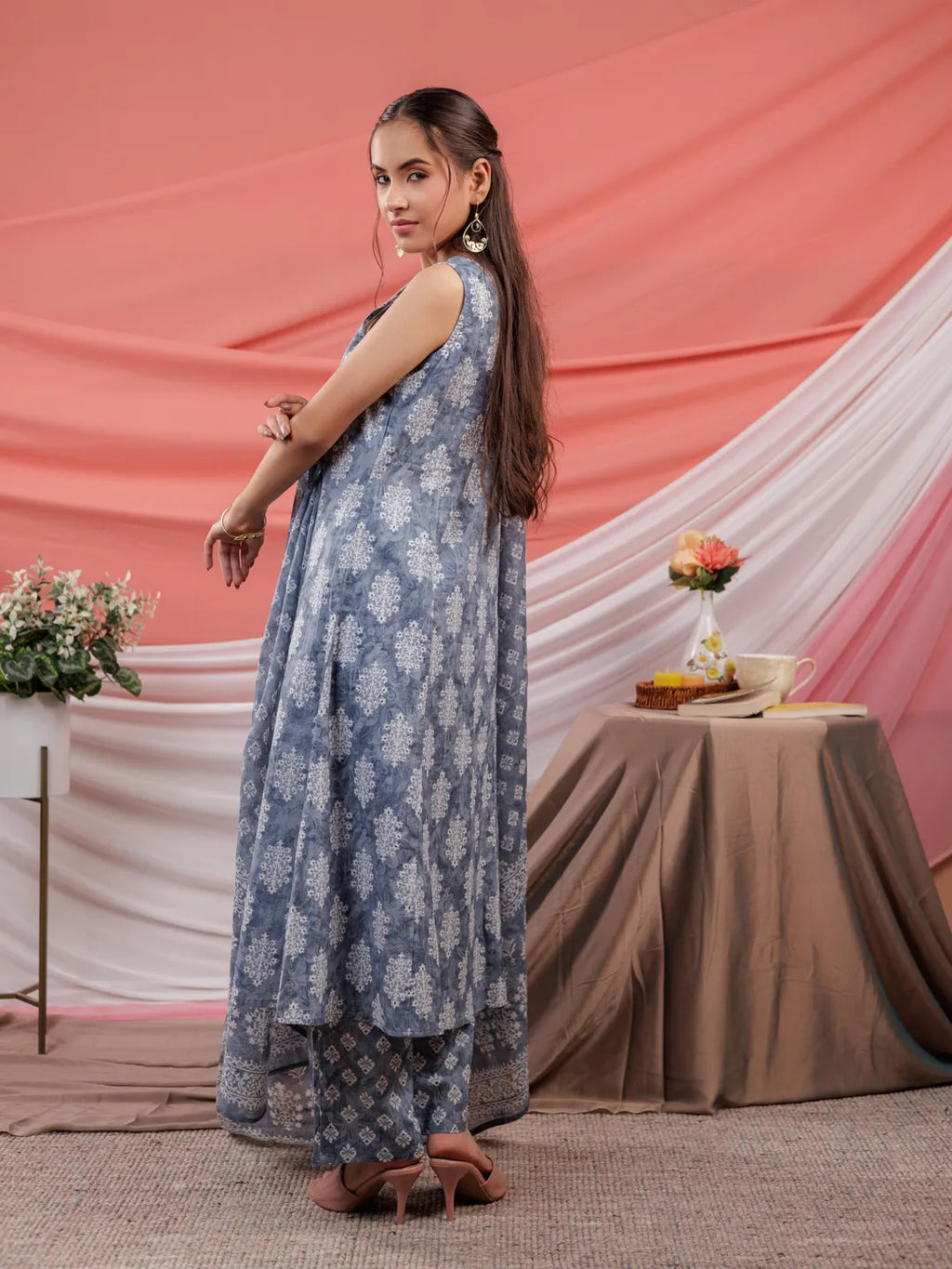 Yufta Grey Ethnic Motifs Cotton A-Line Kurta Trouser & Dupatta Set | Grocsy