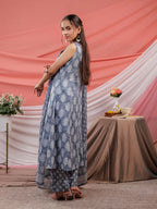 Yufta Grey Ethnic Motifs Cotton A-Line Kurta Trouser & Dupatta Set | Grocsy