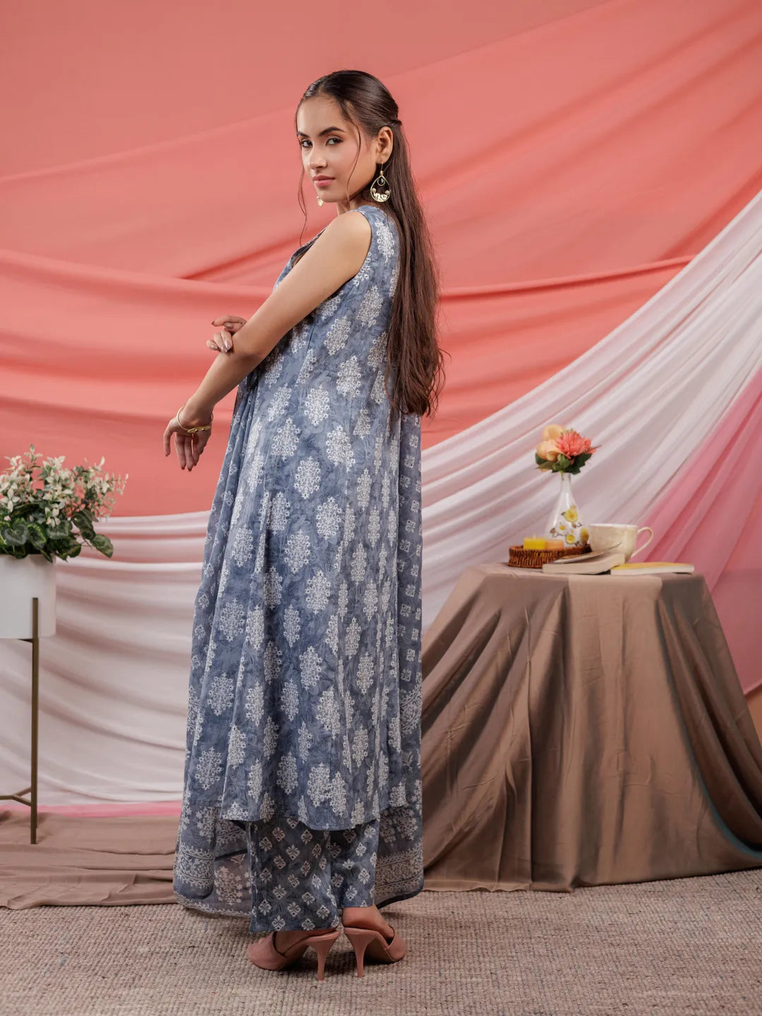 Yufta Grey Ethnic Motifs Cotton A-Line Kurta Trouser & Dupatta Set | Grocsy