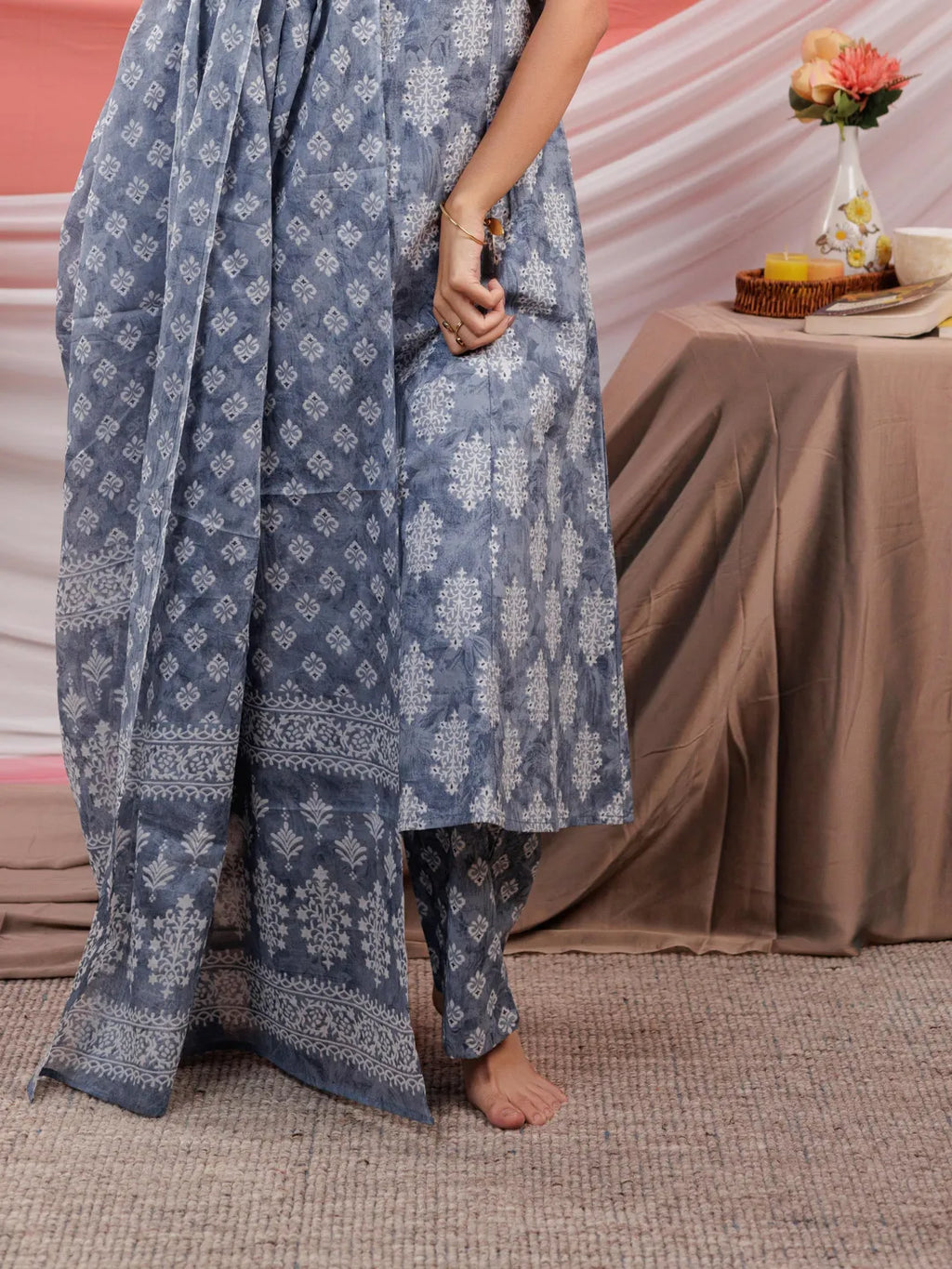 Yufta Grey Ethnic Motifs Cotton A-Line Kurta Trouser & Dupatta Set | Grocsy