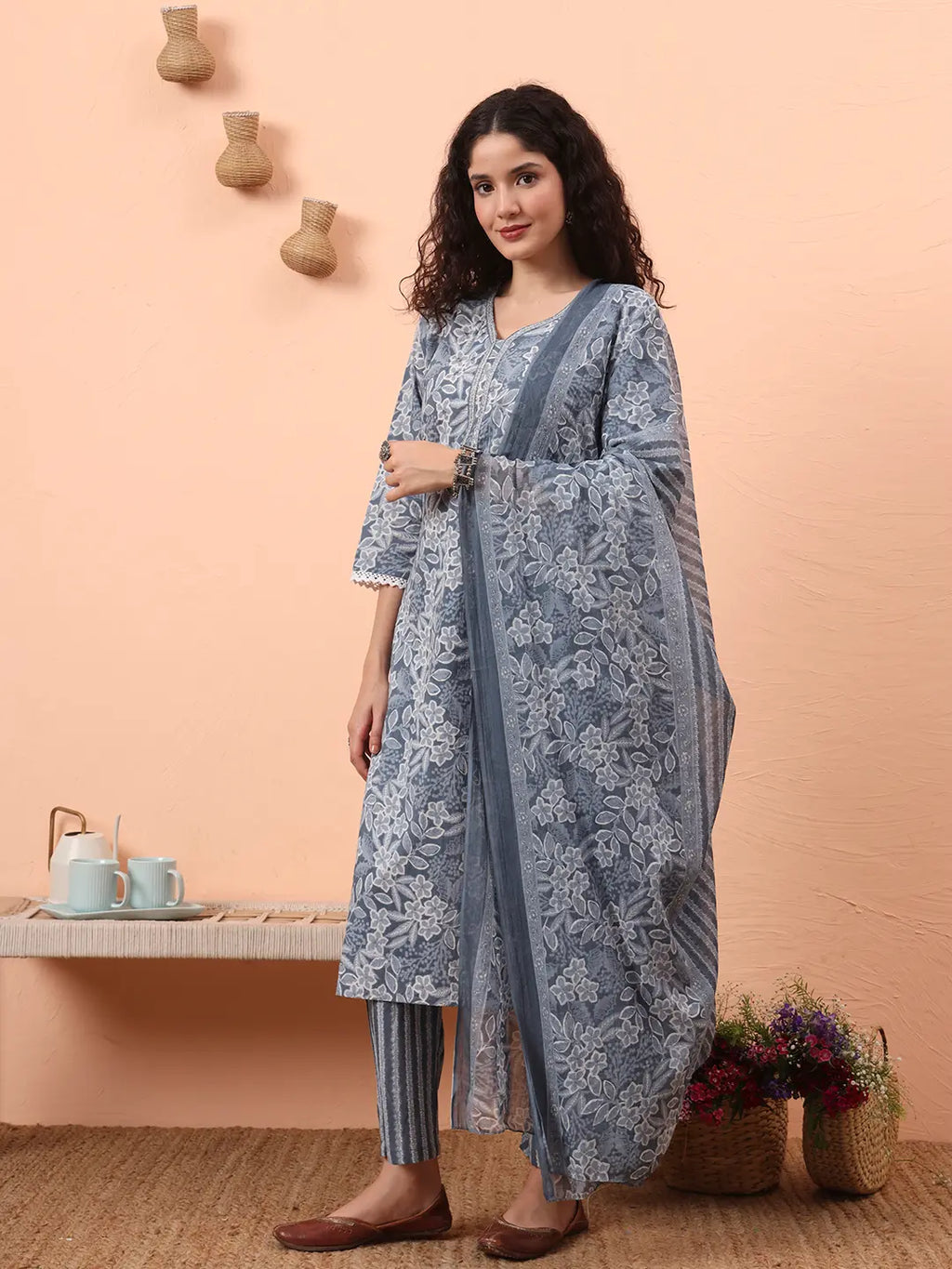 Yufta Grey Ethnic Motifs Pure Cotton Straight Kurta Pant Set | Grocsy