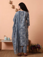 Yufta Grey Ethnic Motifs Pure Cotton Straight Kurta Pant Set | Grocsy