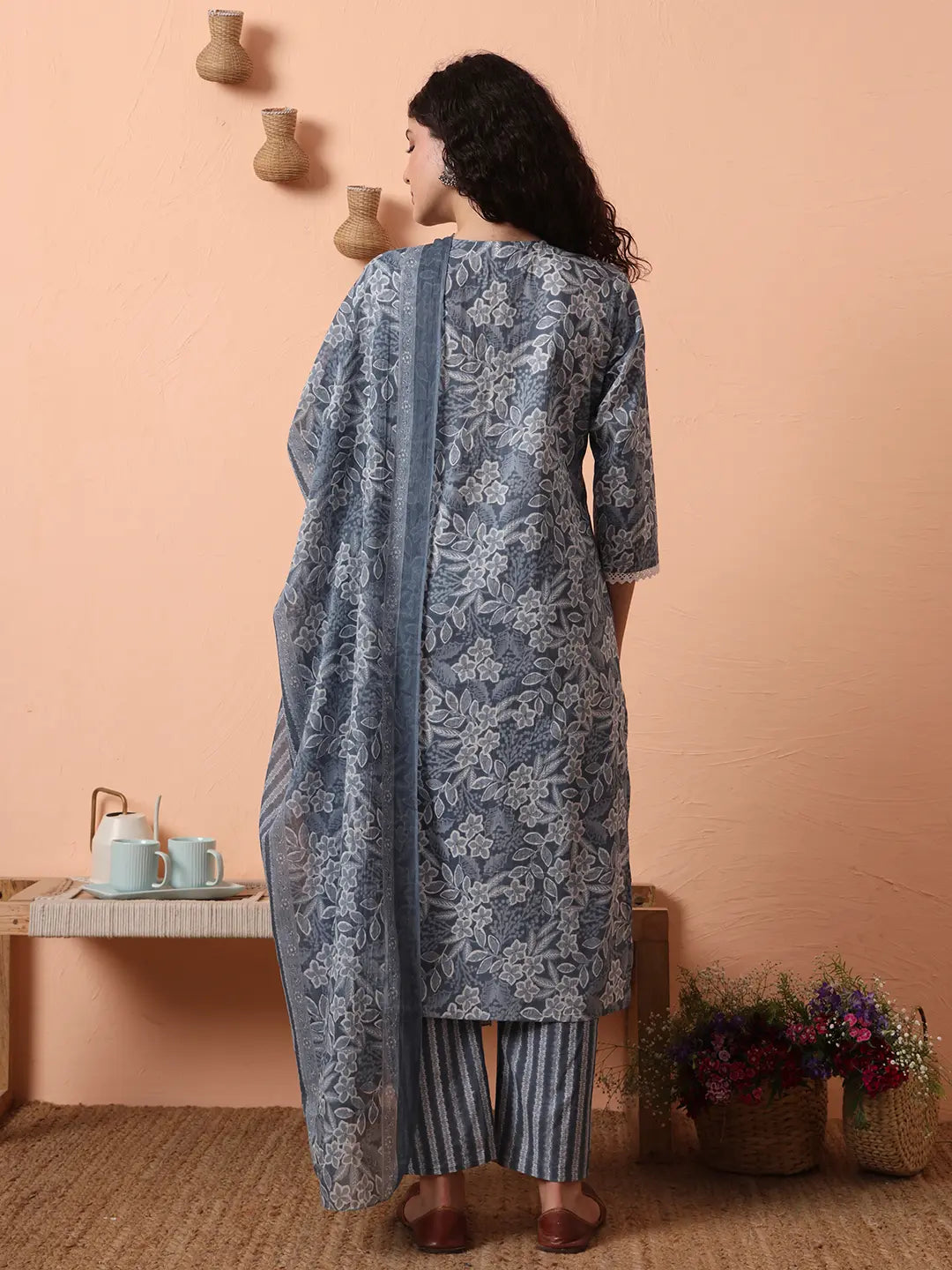 Yufta Grey Ethnic Motifs Pure Cotton Straight Kurta Pant Set | Grocsy