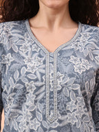 Yufta Grey Ethnic Motifs Pure Cotton Straight Kurta Pant Set | Grocsy
