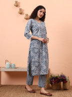 Yufta Grey Ethnic Motifs Pure Cotton Straight Kurta Pant Set | Grocsy