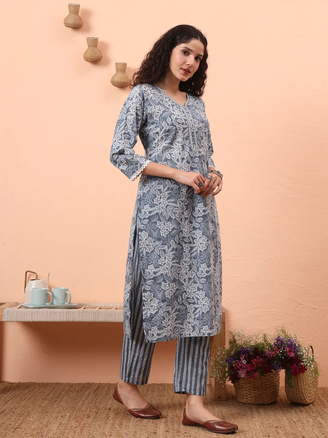 Yufta Grey Ethnic Motifs Pure Cotton Straight Kurta Pant Set | Grocsy