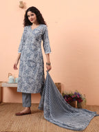 Yufta Grey Ethnic Motifs Pure Cotton Straight Kurta Pant Set | Grocsy