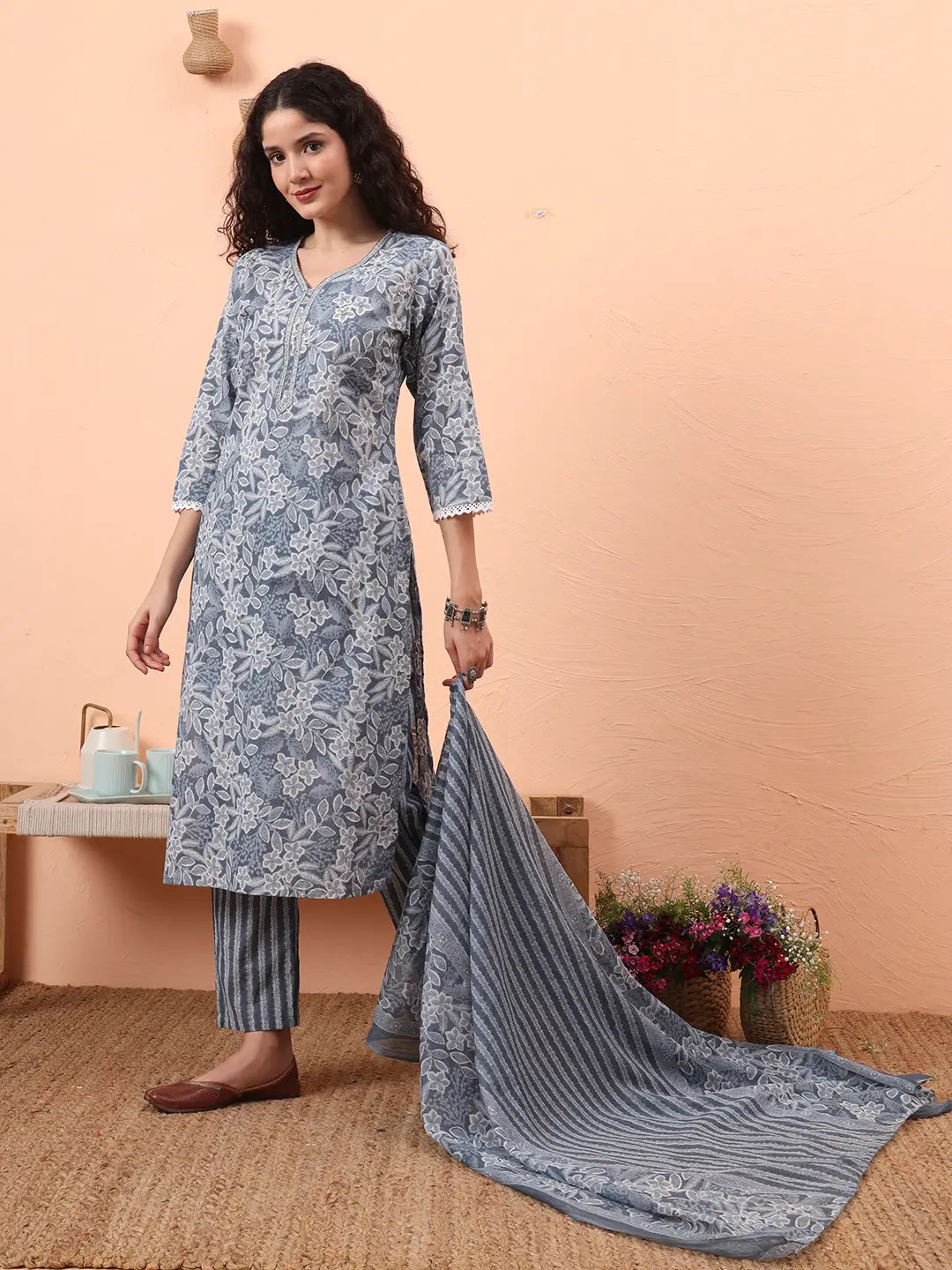 Yufta Grey Ethnic Motifs Pure Cotton Straight Kurta Pant Set | Grocsy