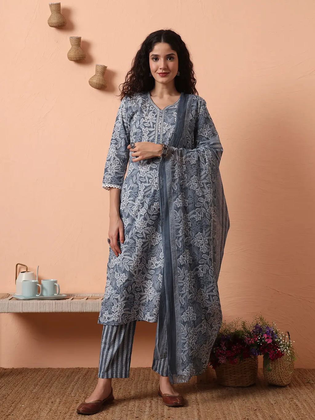 Yufta Grey Ethnic Motifs Pure Cotton Straight Kurta Pant Set | Grocsy