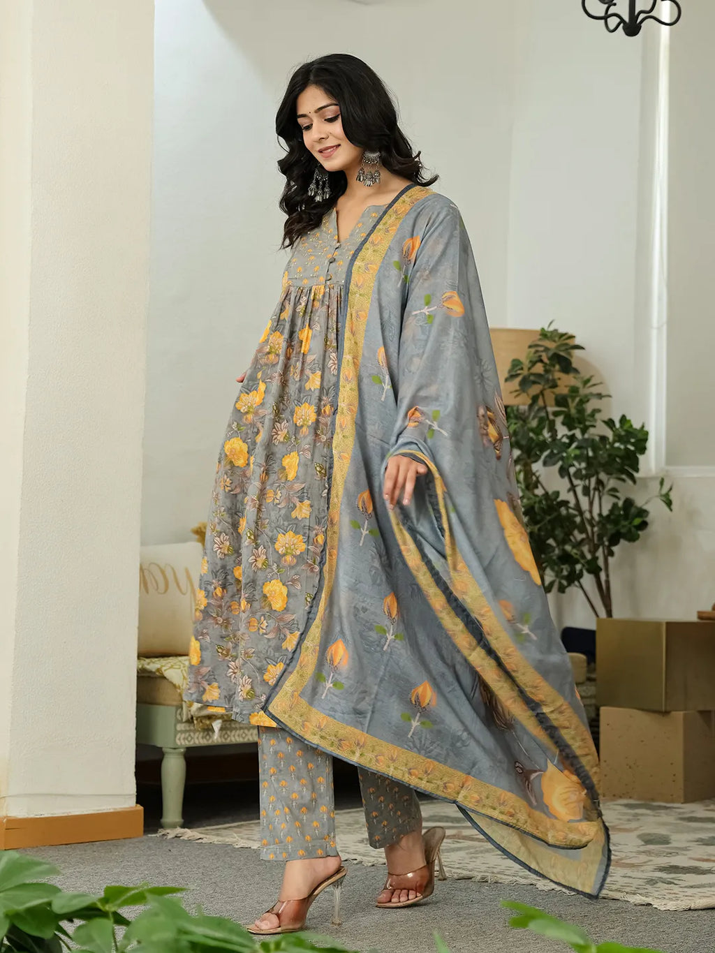 Yufta Grey Floral Print ALine Kurta Trouser Dupatta Set | Grocsy