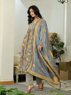 Yufta Grey Floral Print ALine Kurta Trouser Dupatta Set | Grocsy