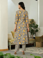 Yufta Grey Floral Print ALine Kurta Trouser Dupatta Set | Grocsy