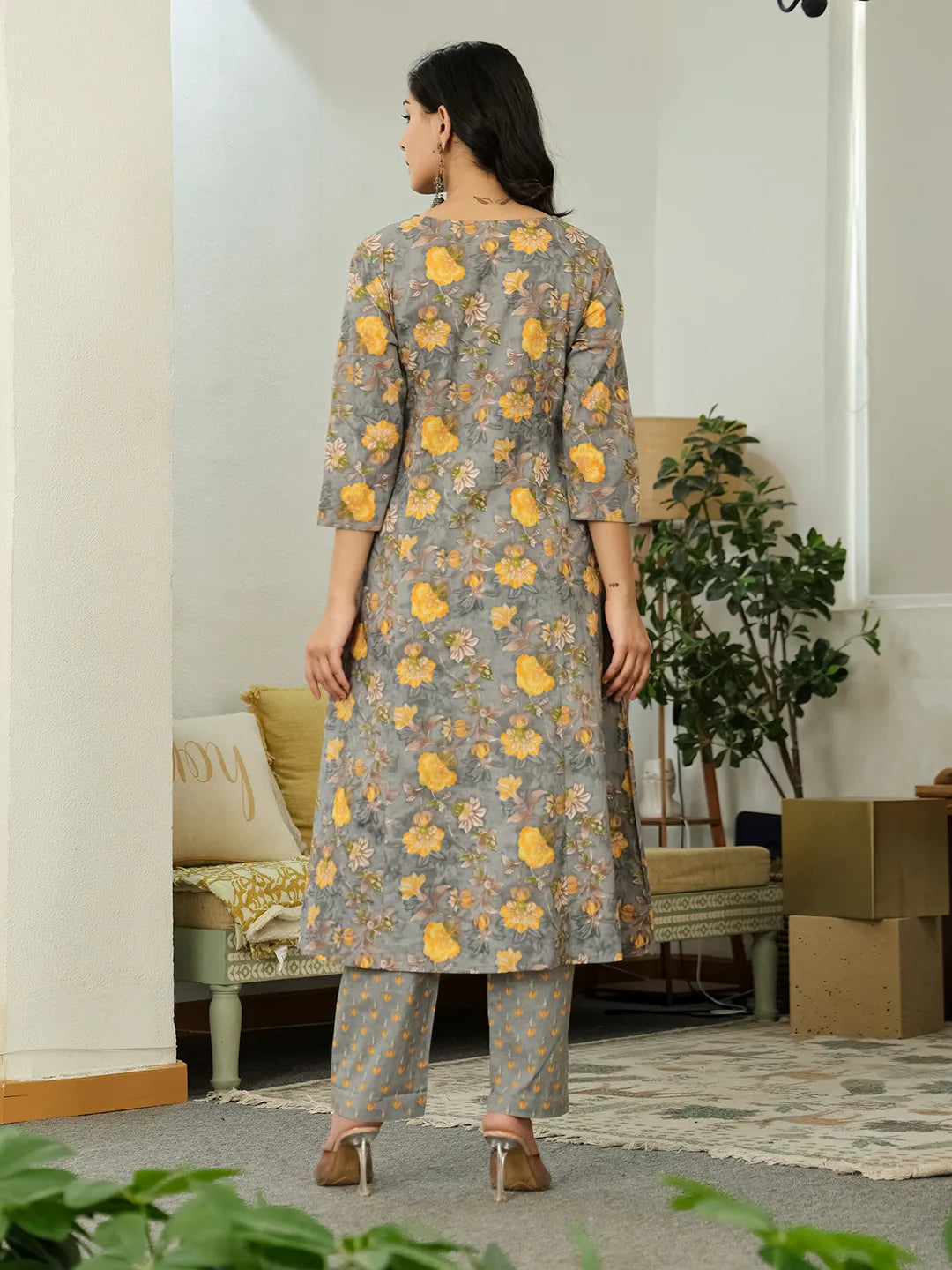 Yufta Grey Floral Print ALine Kurta Trouser Dupatta Set | Grocsy