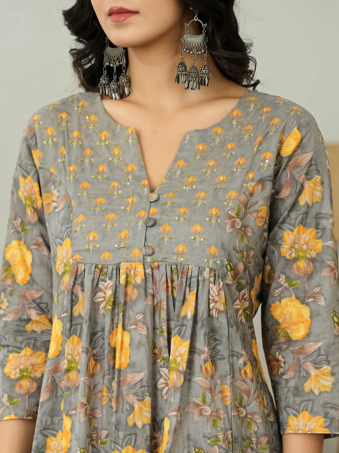 Yufta Grey Floral Print ALine Kurta Trouser Dupatta Set | Grocsy