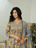 Yufta Grey Floral Print ALine Kurta Trouser Dupatta Set | Grocsy