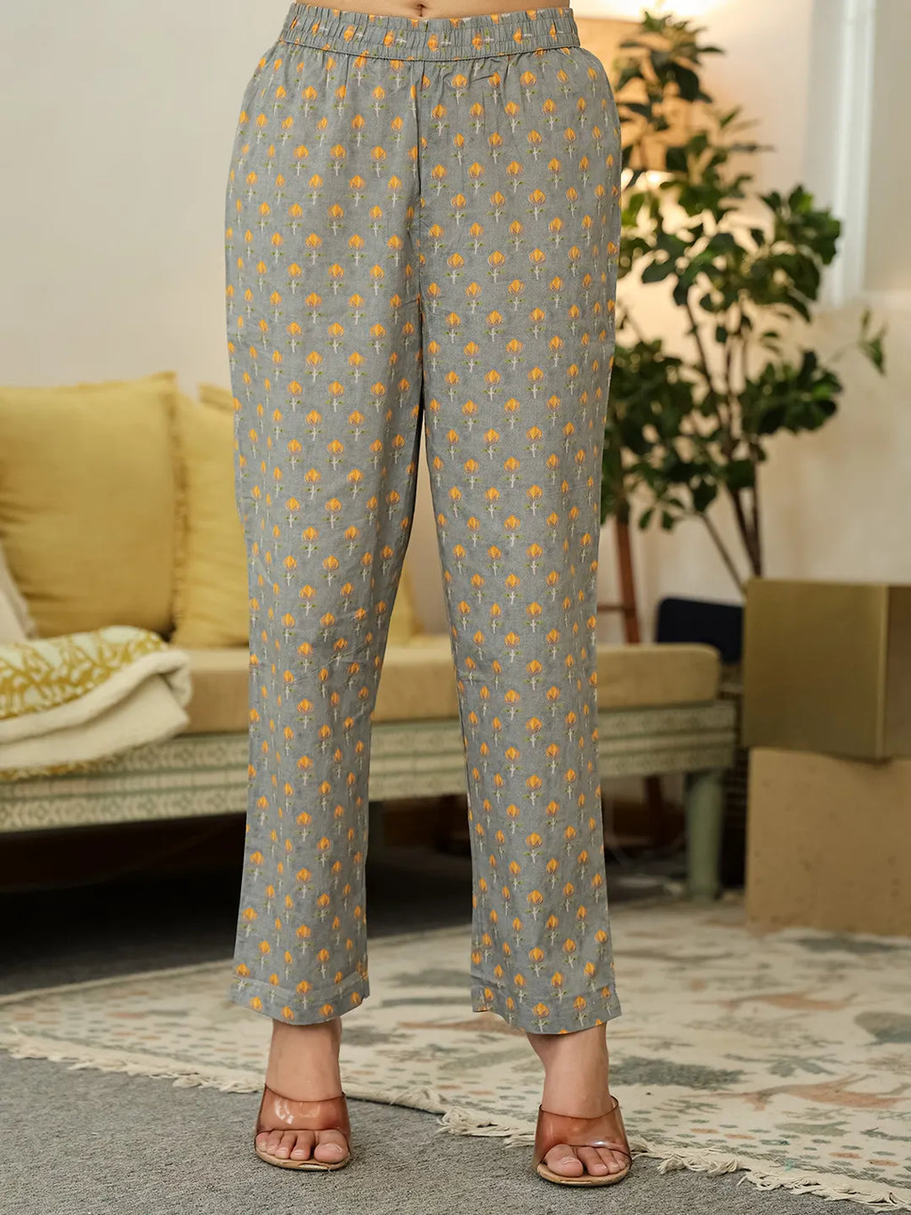 Yufta Grey Floral Print ALine Kurta Trouser Dupatta Set | Grocsy