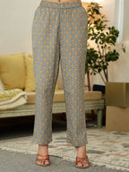 Yufta Grey Floral Print ALine Kurta Trouser Dupatta Set | Grocsy