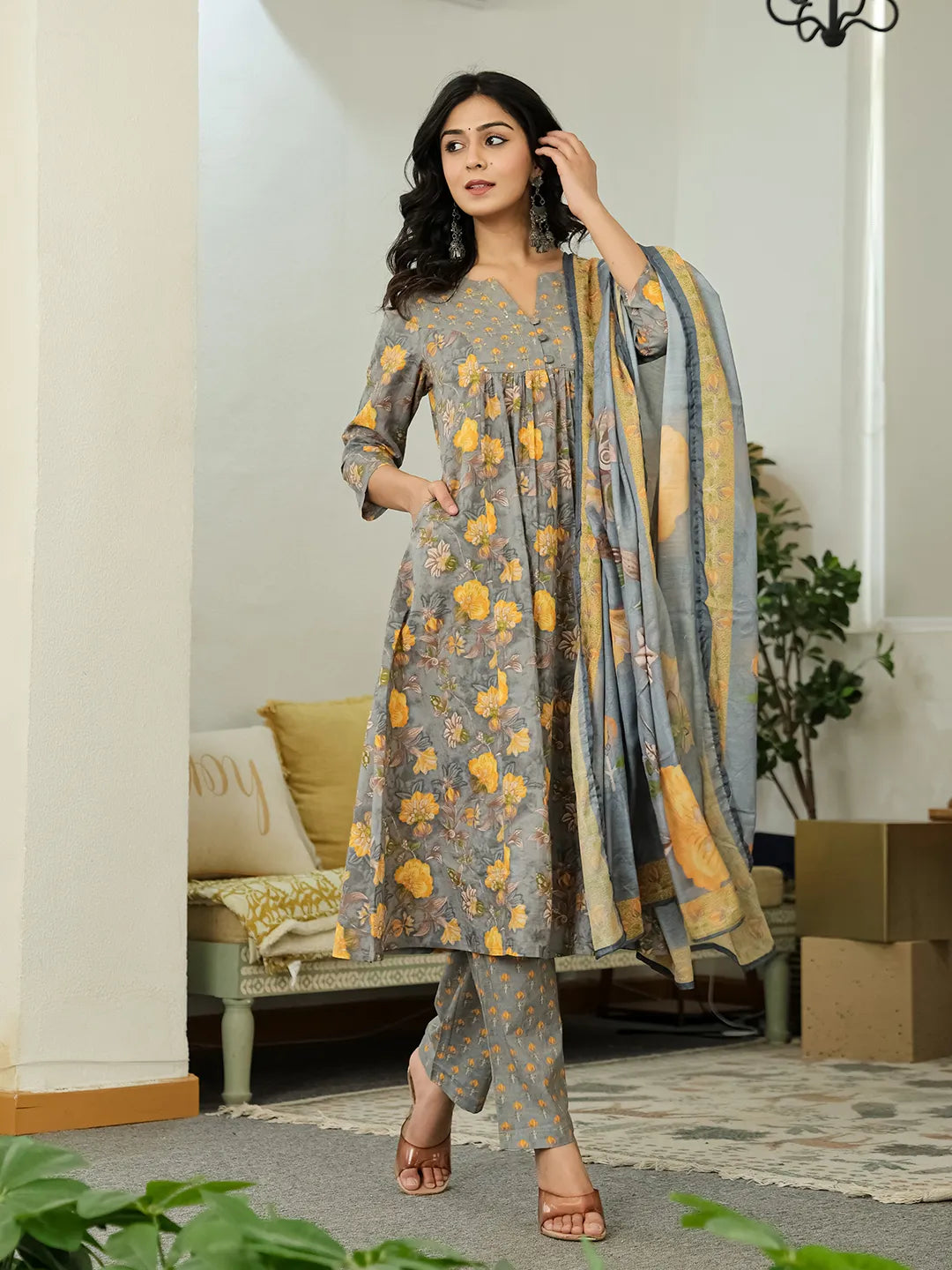 Yufta Grey Floral Print ALine Kurta Trouser Dupatta Set | Grocsy