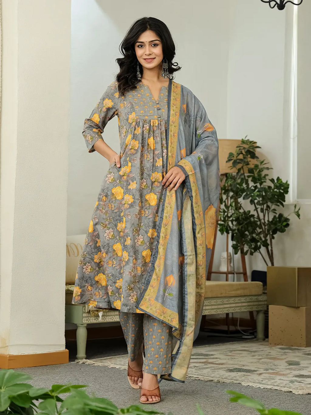 Yufta Grey Floral Print ALine Kurta Trouser Dupatta Set | Grocsy