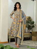 Yufta Grey Floral Print ALine Kurta Trouser Dupatta Set | Grocsy