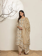 Yufta Grey Floral Print Cotton Straight Kurta Dupatta Set | Grocsy